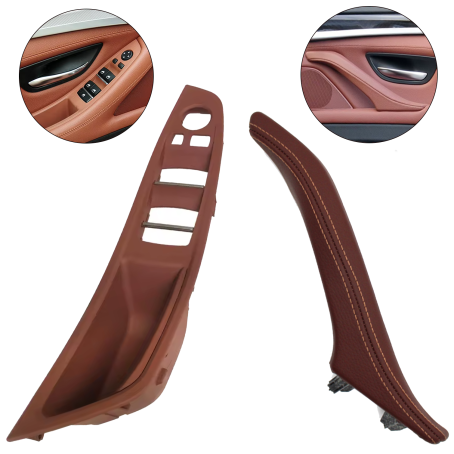 Set mânere interioare față pentru BMW Seria 5 F10 F11, rosu-maro, mâner complet cu piele