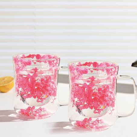 Set 2 buc. pahare elegante cu pereți dubli cu design floral roz aprins, 400 ml