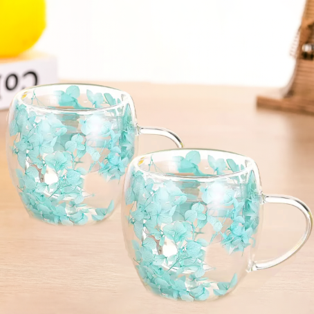 Set 2 buc. pahare delicate cu pereți dubli cu flori albastre, 350 ml