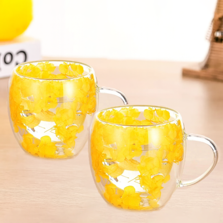 Set 2 buc. pahare delicate cu pereți dubli cu flori galbene, 350 ml