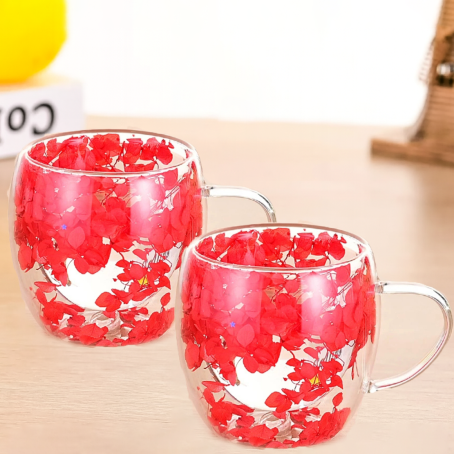 Set 2 buc. pahare delicate cu pereți dubli cu flori roșii, 350 ml