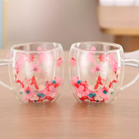 Pahare delicate cu pereți dubli cu flori roz și roșii – set 2 buc., 350 ml