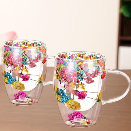 Set 2 buc. pahare elegante cu fund dublu și decorațiune colorată, 350 ml