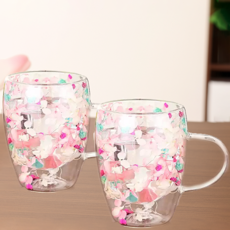 Set de 2 pahare fabuloase cu fund dublu și flori încorporate în culori delicate, 350 ml
