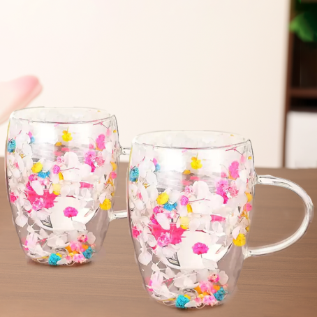Set elegant 2 buc. pahare cu pereți dubli cu design floral, 350 ml