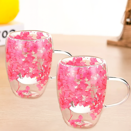 Set 2 buc. pahare florale cu pereți dubli cu flori roz încorporate, 350 ml