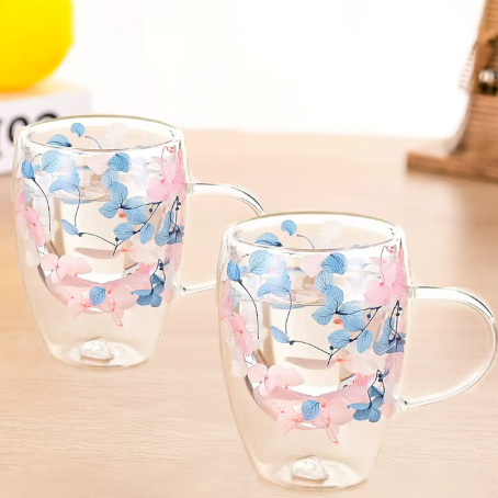 Set rafinat de 2 buc. pahare cu pereți dubli cu flori încorporate în culori delicate, 350 ml
