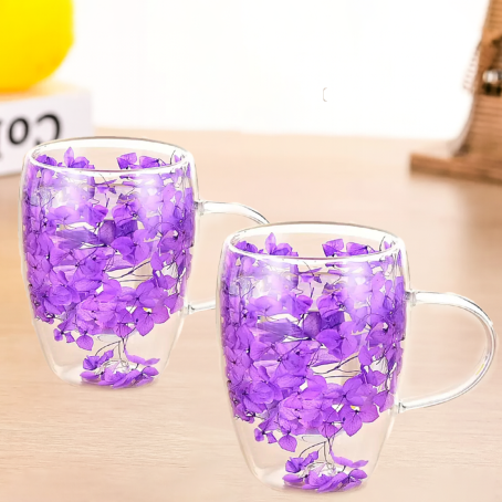 Set 2 buc. pahare florale cu pereți dubli cu flori mov încorporate, 350 ml