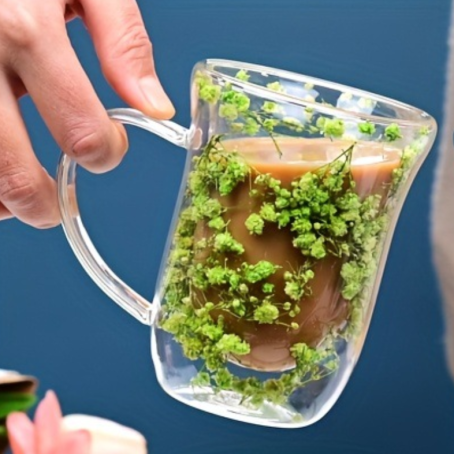 Cană delicată cu pereți dubli, cu mâner și flori verzi încorporate, 300 ml