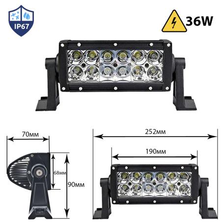 Bară LED cu putere de 36W, dreaptă, 252mm, proiector LED cu diode