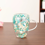 Ceașcă de sticlă de primăvara cu toartă și dublu fund, 350 ml, stil floral