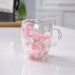 Pahar romantic cu fund dublu, flori multicolore încorporate și mâner, 350 ml