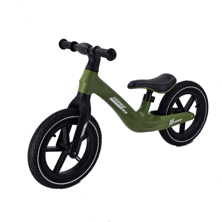 Bicicletă de echilibru (fără pedale) pentru copii cu anvelope gonflabile și șa reglabilă – verde oliv