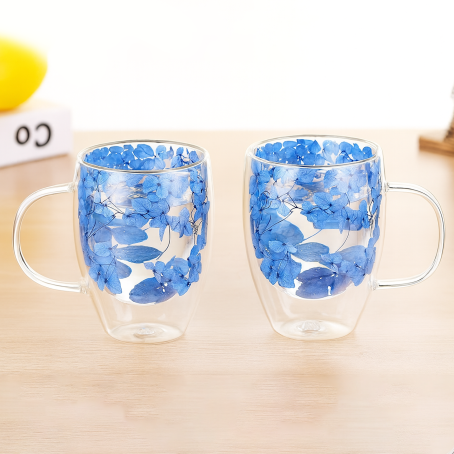 Set floral de 2 buc. pahare cu pereți dubli cu flori albastre, 350 ml