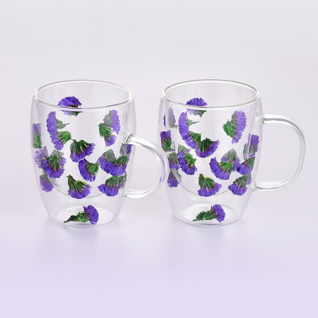 Set de 2 buc. pahare cu pereți dubli cu flori mov, 350 ml