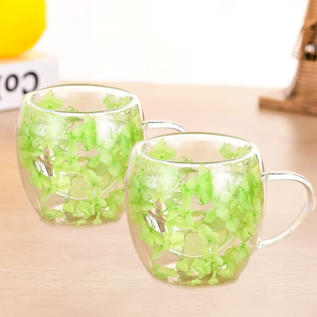 Set 2 buc. pahare delicate cu pereți dubli cu flori verzi, 350 ml