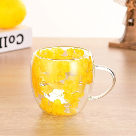 Ceșcă proaspătă cu dublu-perete cu flori galbene și toartă, 200 ml