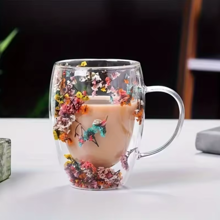 Pahar elegant cu fund dublu și decorațiuni florale, 350 ml