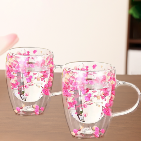 Set 2 buc. pahare delicate cu pereți dubli cu flori încorporate - eleganță roz, 350 ml