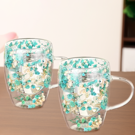 Set de primăvară de 2 pahare cu pereți dubli, cu mâner și fund dublu, 350 ml, stil floral