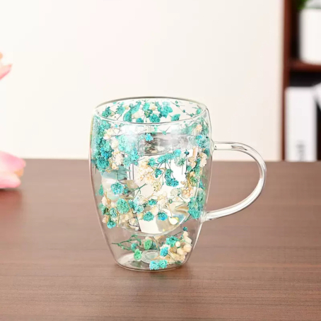 Ceașcă de sticlă de primăvara cu toartă și dublu fund, 350 ml, stil floral