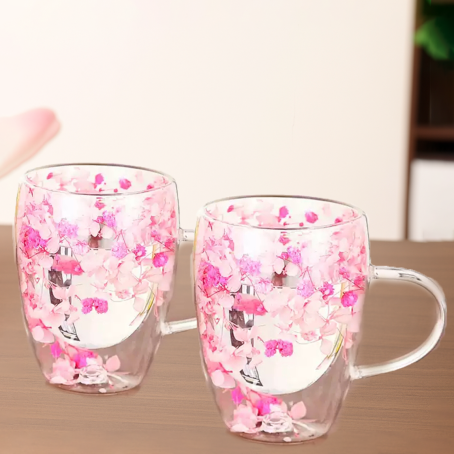 Set armonios 2 buc. pahare cu pereți dubli cu flori încorporate în nuanțe de roz, 350 ml