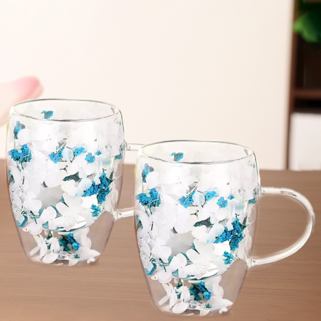 Set elegant 2 buc. pahare cu pereți dubli cu mâner și decorațiune colorată în alb și albastru, 350 ml