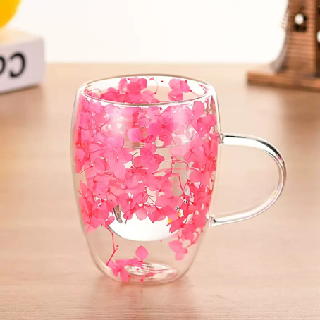 Cană cu pereți dubli, cu motive florale și flori roz încorporate, 350 ml