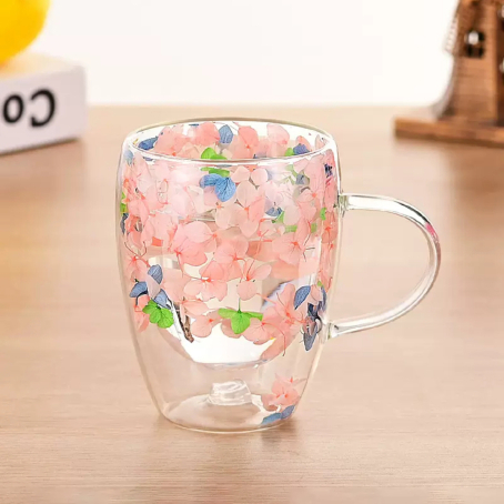 Ceșcuță elegantă dublu-perete cu decor floral încrustat, 350 ml