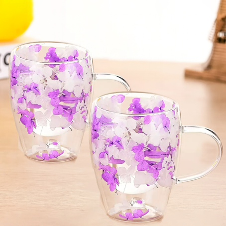 Set rafinat de 2 buc. pahare cu pereți dubli cu flori mov și albe încorporate, 350 ml