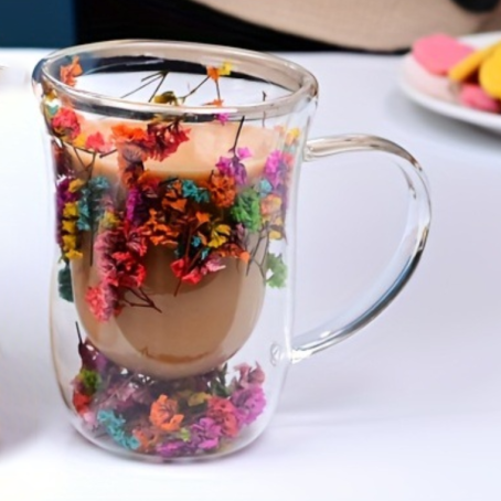 Cană delicată cu pereți dubli, cu mâner și flori colorate încorporate, 300 ml
