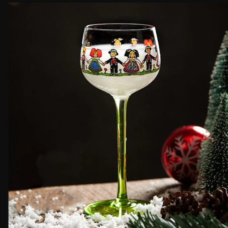 Pahar de rachiu „Horo” cu motive folclorice și picior verde, 350 ml, design etno decorativ