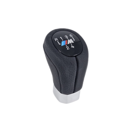Nucă neagră pentru schimbător de viteze din piele, cu bandă cromată, cu 5 viteze, cu logo M pentru BMW Seria E – DZ117