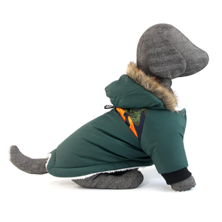 Jachetă impermeabilă de iarnă pentru câini cu căptușeală din puf și accent de camuflaj, verde