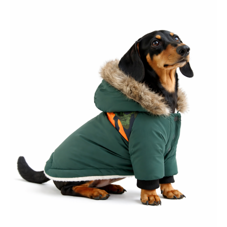 Jachetă impermeabilă de iarnă pentru câini cu căptușeală din puf și accent de camuflaj, verde