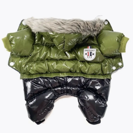 Jachetă de iarnă lăcuită pentru câine, cu glugă și căptușeală pufoase și elegante, verde cu negru