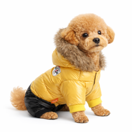 Jachetă de iarnă pentru câini cu glugă pufoasă și căptușeală, galbenă cu negru