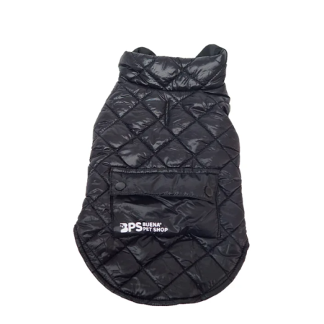 Jachetă neagră călduroasă pentru câini, cu protecție impermeabilă, design elegant matlasat și buzunar la spate