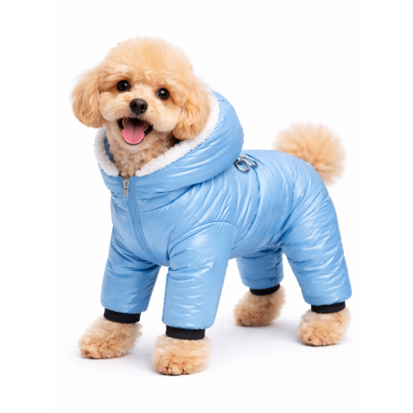 Jachetă albastră de iarnă impermeabilă pentru câini, cu acoperire completă, glugă albă din puf și design confortabil