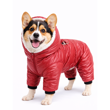 Jachetă de iarnă impermeabilă roșu închis pentru câini, cu acoperire completă, glugă albă din puf și design confortabil