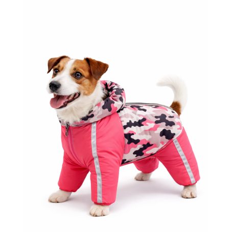 Jachetă roz de iarnă pentru câini, cu acoperire completă și detalii de camuflaj roz