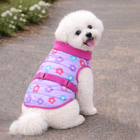 Geacă de iarnă reversibilă și elegantă pentru câini, mov cu imprimeu floral