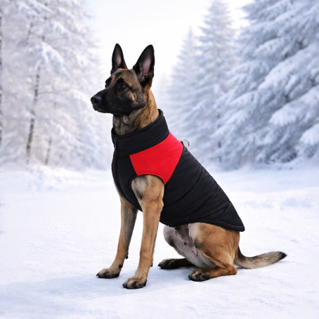 Jachetă elegantă impermeabilă pentru câini, în negru și roșu, cu căptușeală călduroasă