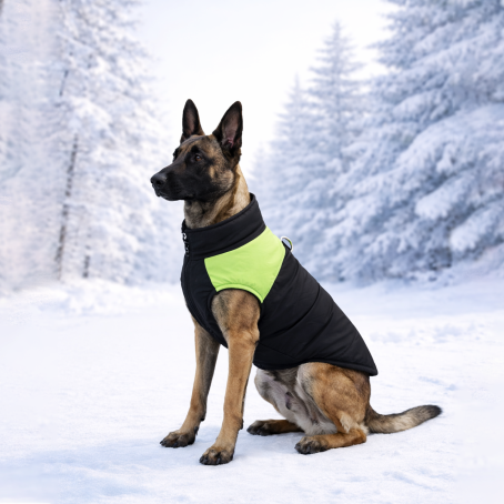 Jachetă elegantă impermeabilă pentru câini, în negru și verde, cu căptușeală călduroasă