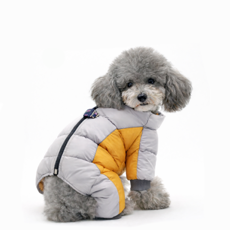 Geacă de iarnă bicoloră pentru câini, cu acoperire completă și căptușeală caldă, în gri și galben.