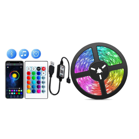 Bandă LED RGB cu o lungime de 5 metri, alimentare USB și control prin telecomandă și aplicație Bluetooth / aplicație