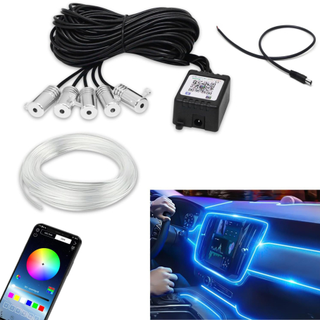 Bandă LED RGB pentru iluminare interioară auto, cu lungime de 6 metri, telecomandă și aplicație Bluetooth / App