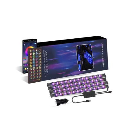 Benzi LED RGB multifuncționale pentru iluminat interior auto cu USB, cu telecomandă și aplicație / App