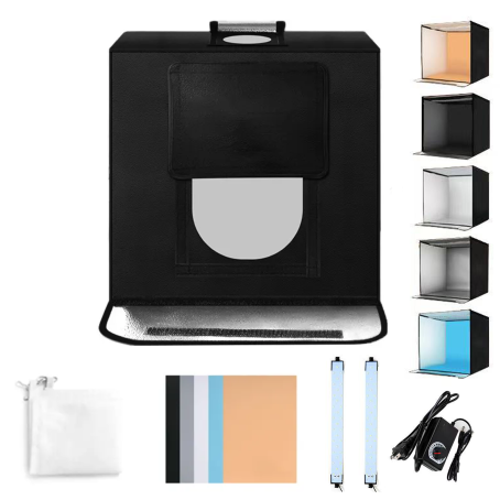 Cutie foto pentru fotografiere de produse 40x40x40cm, cu iluminare inclusă, 5 fundaluri, sursă de alimentare și geantă compactă