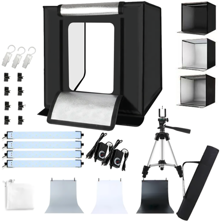 Cutie foto profesională / fotobox 100x100x100cm, cu iluminare inclusă, 3 fundaluri și accesorii